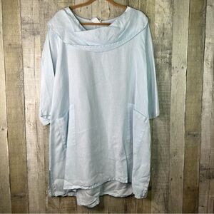Match Point Linen XL Baby Blue Bertha Collar Tunic with 3/4 Sleeves Front Pocket